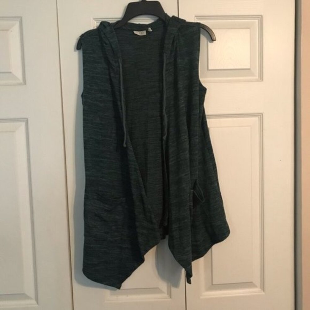 LOGO LORI GOLDSTEIN X-Small Green Hooded Open Cardigan Lagenlook Layered Long